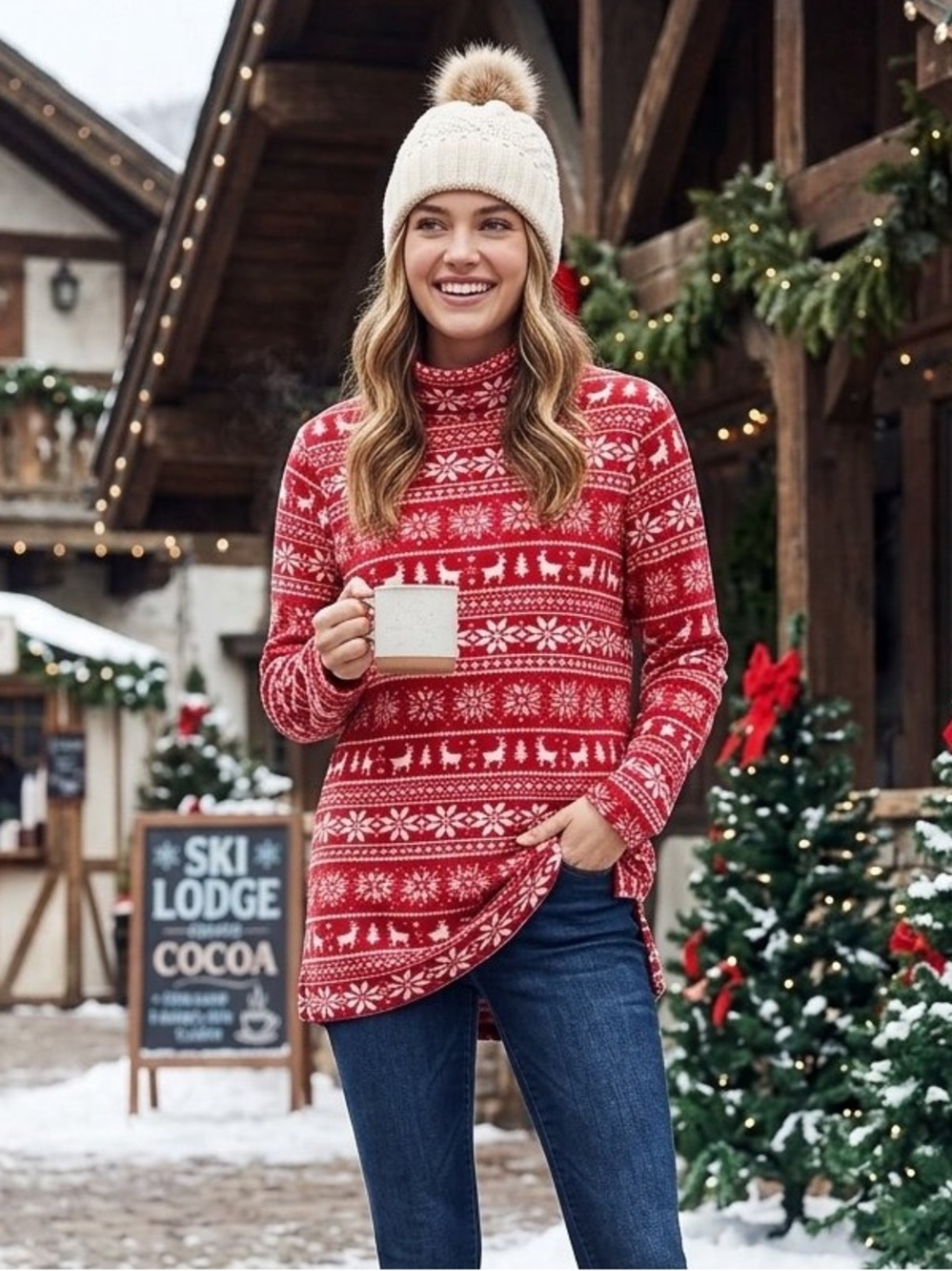 Lands' End Red Fair Isle Holiday Fleece Pullover M